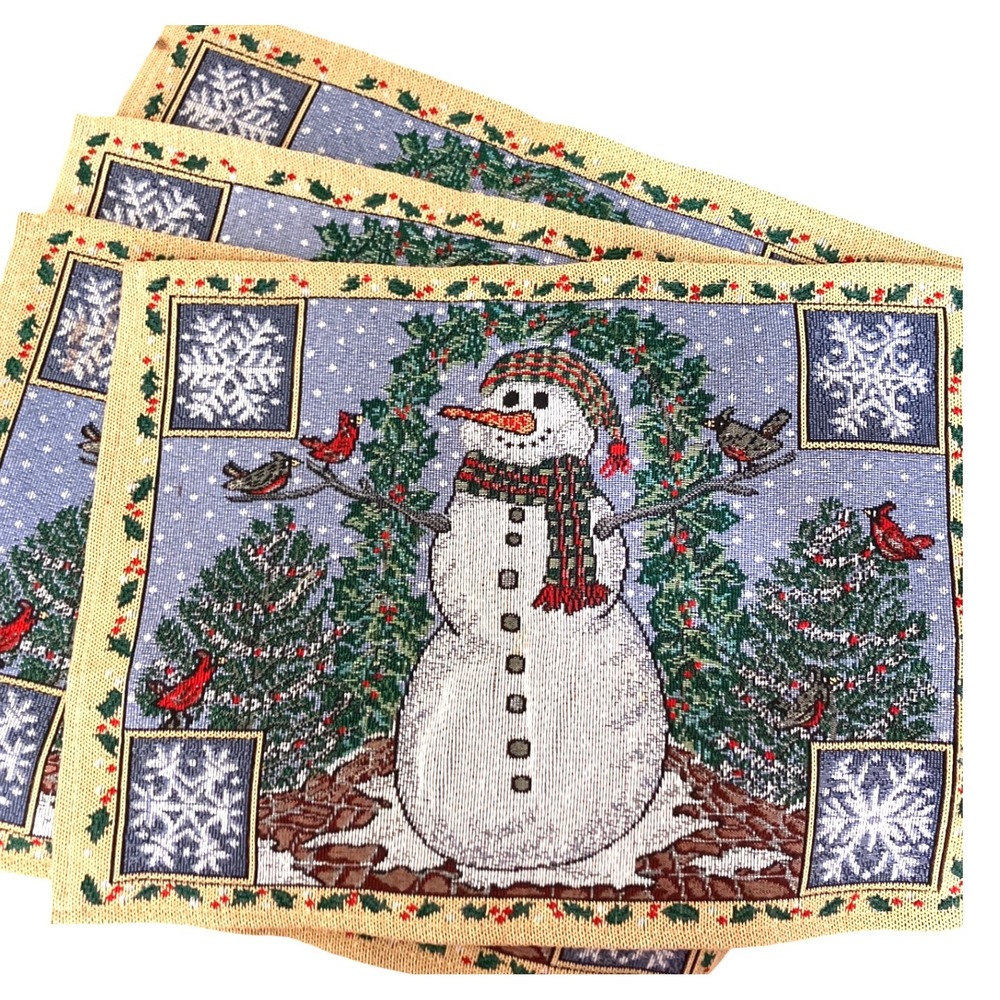 Set of 4 Christmas Snowman Winter Holiday Fabric Table Placemats Red Birds 13X19